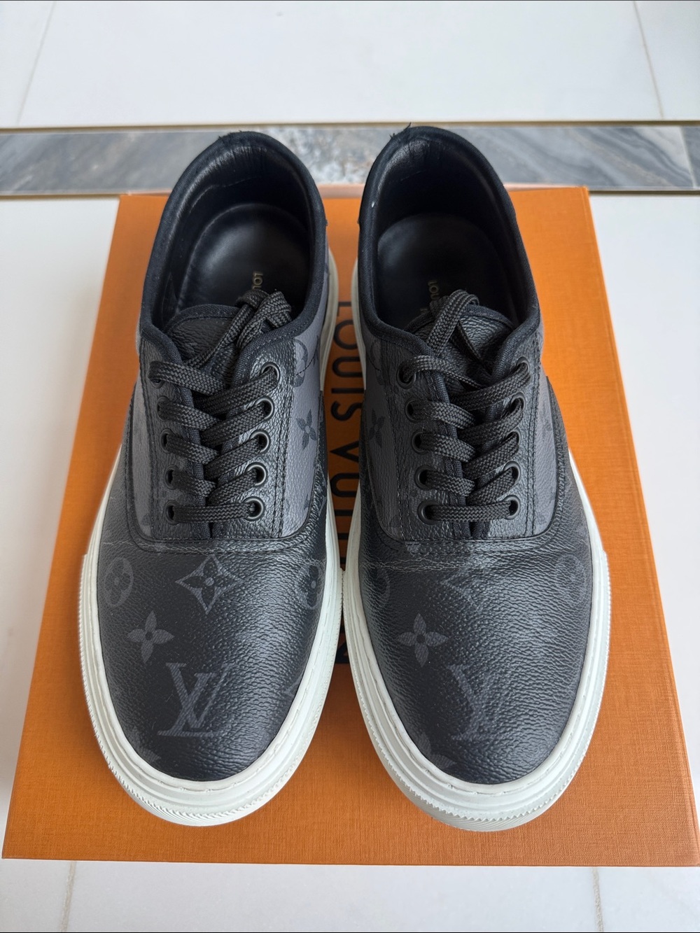 Louis Vuitton Black Monogram Leather Low-Top Sneakers with White Sole